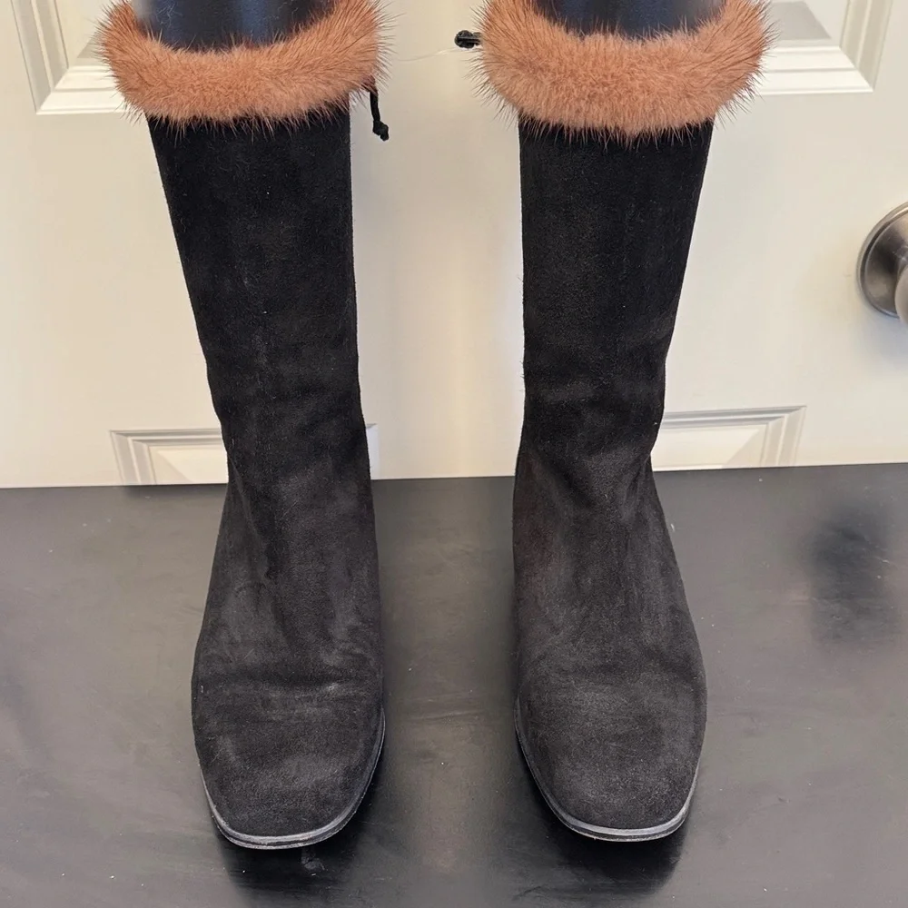 Salvatore Ferragamo Black Suede Boots with Real Mink Fur Trim